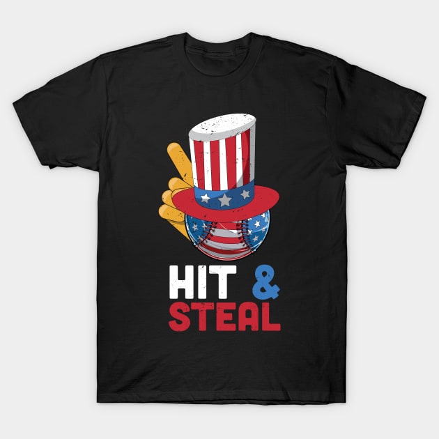 Hit and steal baseball lover gift, 4th of july gift idea, american flag baseball, independence day T-Shirt by Anodyle